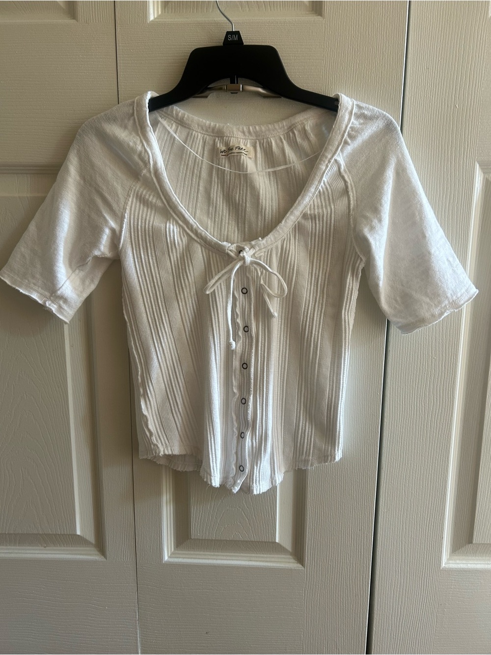 We The Free White Ribbed Tie-Front Button Top